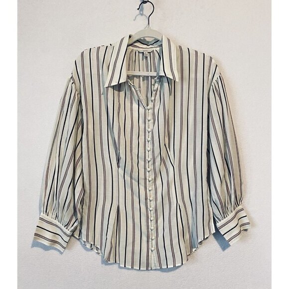 Joie Minya Top Womens Medium Porcelain Stripe Button Up Puff Sleeve Boho - Picture 2 of 9